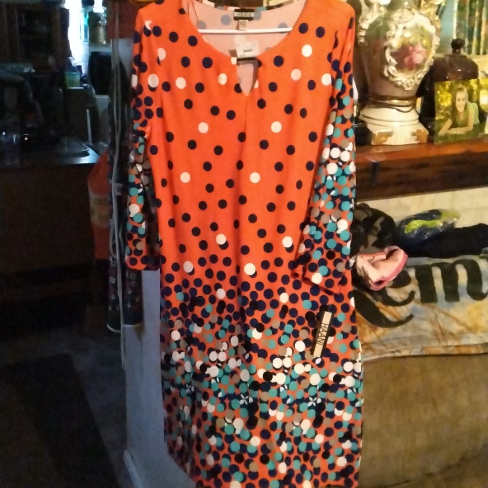 NWT M Haani gorgeous poka dot orange stretch Dress (tamyb)